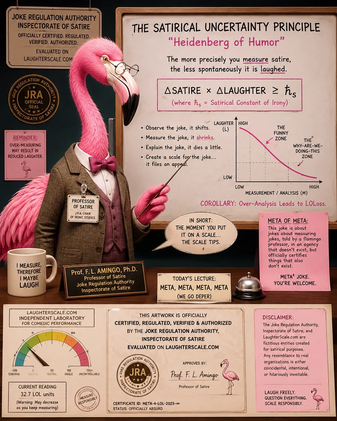 Prof. F. L. Amingo, a pink flamingo in a tweed jacket and bow tie, lecturing at a whiteboard titled The Satirical Uncertainty Principle, with the equation delta satire times delta laughter is at least h-bar sub s and a graph of laughter falling as measurement rises. On the desk, a mug reading I measure, therefore I maybe laugh. Below, a certificate from the Joke Regulation Authority, Inspectorate of Satire, and a laughter meter reading 32.7 LOL units.