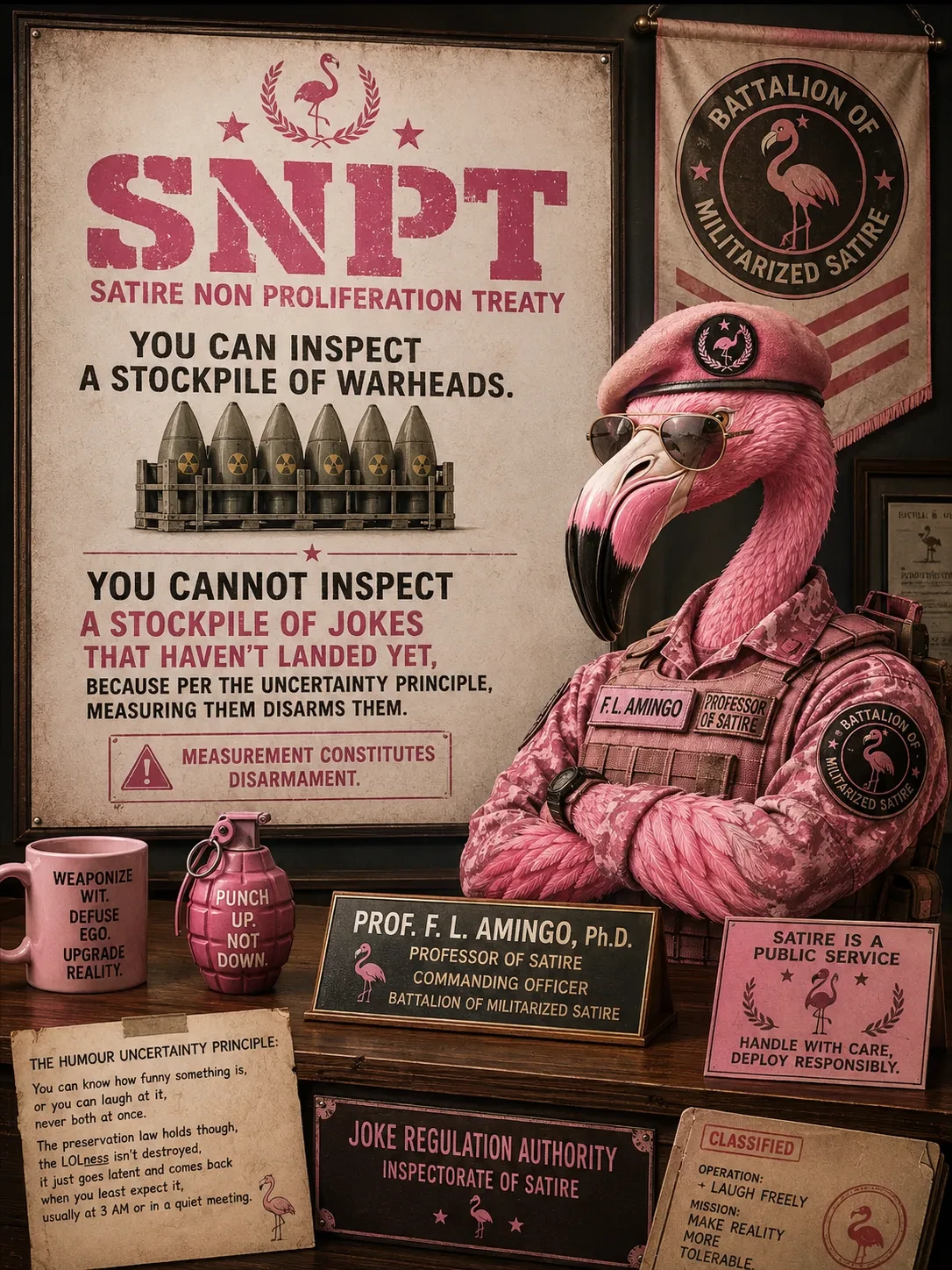 Prof. F. L. Amingo, a pink flamingo in pink camouflage, a beret and aviator sunglasses, arms crossed beside a poster headed SNPT, Satire Non-Proliferation Treaty. The poster reads: You can inspect a stockpile of warheads. You cannot inspect a stockpile of jokes that haven't landed yet, because per the uncertainty principle, measuring them disarms them. Measurement constitutes disarmament. On the desk: a pink grenade reading Punch up, not down; a mug reading Weaponize wit, defuse ego, upgrade reality; and a classified folder whose mission is Make reality more tolerable.